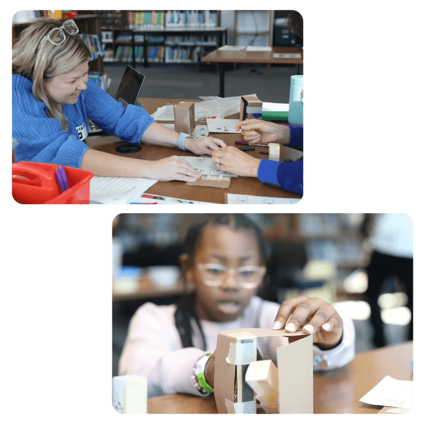 Top: Educators doing a table exercise during a YES workshop. Bottom: A young girl building a cardboard structure.