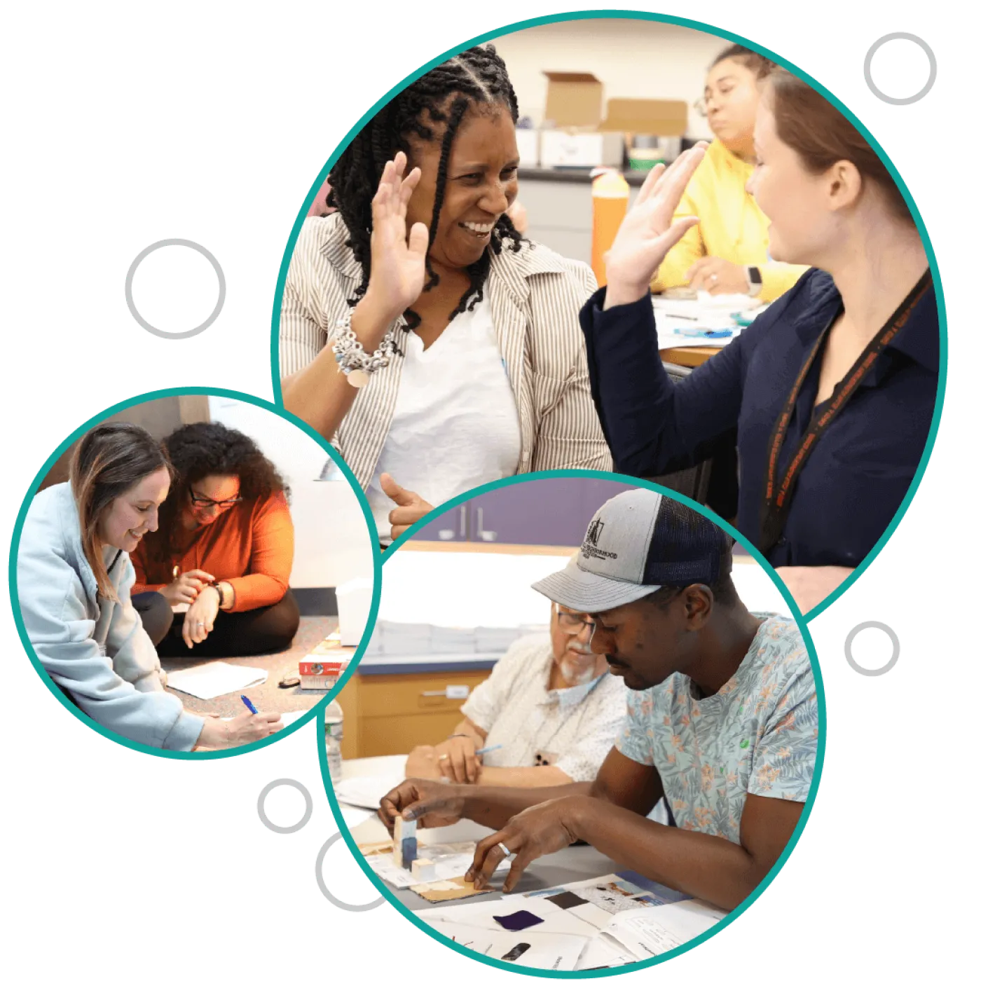 A collage of photos showing teachers participating in YES Professional Learning workshops.